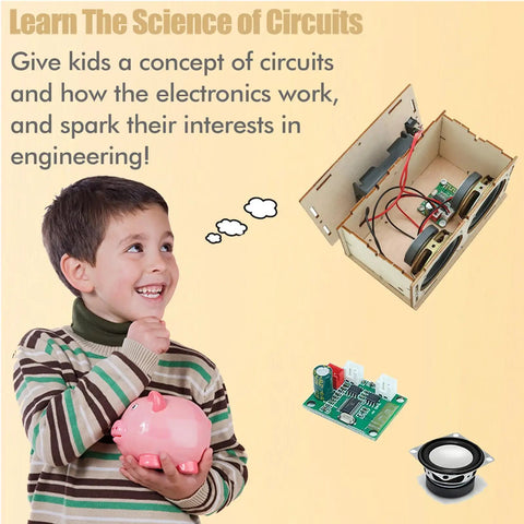 Child with piggy bank next to Hands On DIY Electronics Kit For Kids And Teens Build A Speaker Learn Circuits And Sound STEM Project