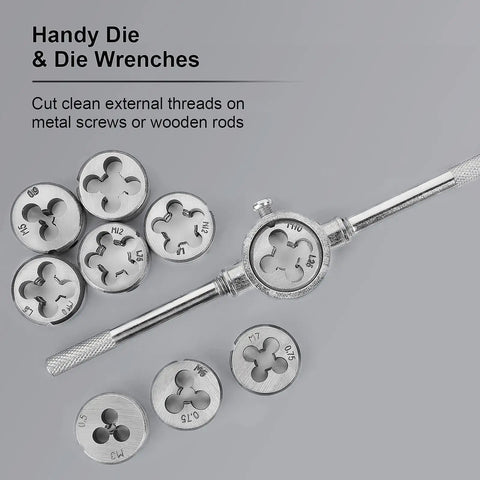 Heavy Duty Metric Tap and Die Set M2 to M18 With Case and Full Accessories, Pro Grade Cutting for External and Internal Threads, 45 Steel Construction for Durability, Ideal For Home Shop and Pro Use shown with metal die wrenches and dies.