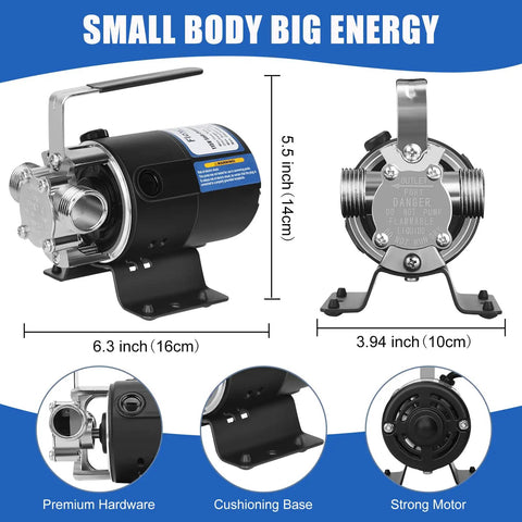 Ready To Roll Heavy Duty 1/10 Hp Electric Water Transfer Pump Delivering 330 Gph Flow With 40 Ft Lift, showing dimensions and hardware details.