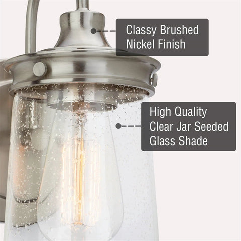 Mason 10 Inch Modern Farmhouse Wall Sconce With Seeded Glass Jar Shade, Industrial Gooseneck Light In Brushed Nickel Finish close-up