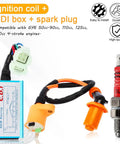 High Performance Ignition Coil CDI Box and Spark Plug Kit for GY6 50cc to 150cc 4 Stroke Engines with spark plug, CDI box, and wiring.