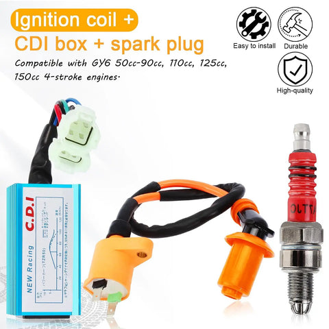 High Performance Ignition Coil CDI Box and Spark Plug Kit for GY6 50cc to 150cc 4 Stroke Engines with spark plug, CDI box, and wiring.