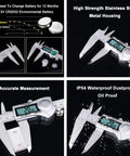 12 Inch Digital Caliper With Stainless Steel Body And IP54 Splash Proof Protection, displaying large LCD in a split view.