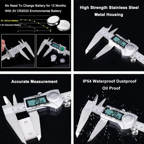 12 Inch Digital Caliper With Stainless Steel Body And IP54 Splash Proof Protection, displaying large LCD in a split view.