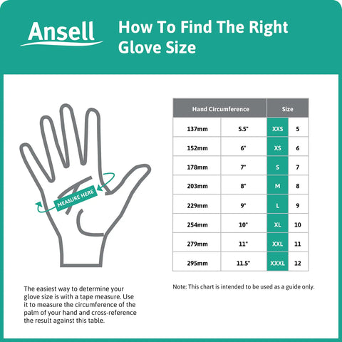 Sizing guide for HyFlex 11 727 Cut Resistant Nylon Spandex Industrial Work Gloves For Machinery Auto Mechanics And Warehousing Grey Size XS 12 Pairs