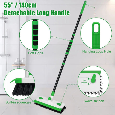 Long Handle Floor Scrub Brush With 3 In 1 Scraper Squeegee And Stiff Bristle Deck Brush for cleaning tile bathroom patio deck garage grout kitchen indoor use
