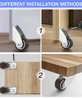 4 Pack 1 Inch Small Rigid Caster Wheels Low Profile Fixed Casters For Furniture Mounting Horizontal Or Vertical Install Rubber Roller Wheels For Side Mount Or Plate Applications In Side Sliding And Pull Out Projects shown installed horizontally and vertically on wooden furniture