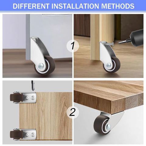 Different installation methods for 8 Pack Low Profile Caster Wheels 1 Inch Non Swivel Fixed Casters Silent Rubber Tread for smooth mounting.