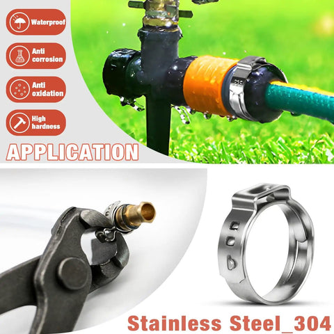 Big 300Pcs 16 Size Single Ear Hose Clamps Set Stainless Steel 304 Crimp Cinch Rings for plumbing and pipe repairs.