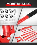 Detailed components of the Two Ton Hydraulic Engine Hoist including wheels, handle, and assembly parts.