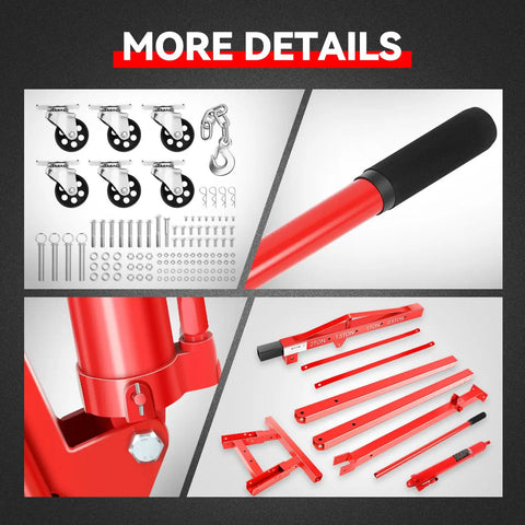 Detailed components of the Two Ton Hydraulic Engine Hoist including wheels, handle, and assembly parts.