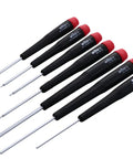 Pro Grade Hex Metric Screwdriver Set With Precision Handle And Cushioned Grip Dope Ergonomics For Quick Spins Sizes 0.7 0.9 1.3 1.5 2.0 2.5 3.0mm Seven Piece Exact Fit Machined Tips Easy ID Tip Profiles Extra Long Handle For Maximum Torque displayed in a row with red-capped handles and silver tips