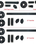 Industrial Pipe Towel Rack Set With 12 Inch And 24 Inch Bars Toilet Paper Holder And Robe Hook Rustic Matte Black Wall Mounted Bath Accessory Kit components displayed separately