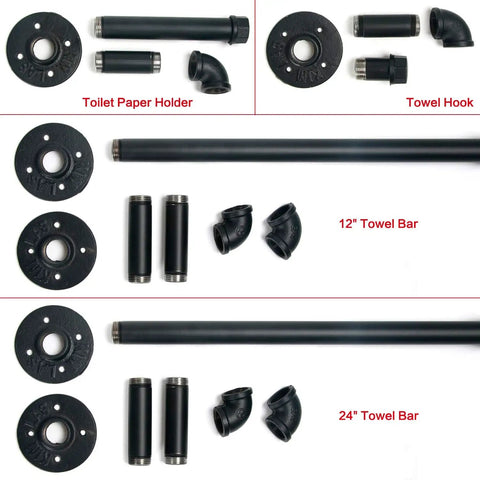 Industrial Pipe Towel Rack Set With 12 Inch And 24 Inch Bars Toilet Paper Holder And Robe Hook Rustic Matte Black Wall Mounted Bath Accessory Kit components displayed separately
