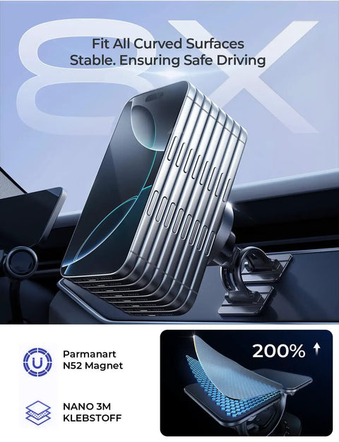 Qi2.2 25W MagSafe Car Mount Charger With Cooling Fan And 95W Fast Adapter on car dash, showcasing magnet grip and stability.