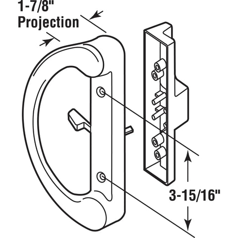 Illustration of C 1224 Sliding Patio Door Handle Set Black Diecast Mortise Style Non Keyed Replacement with measurements
