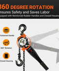 Manual Lever Chain Hoist One And A Half Ton 3300 Pounds Ten Foot Lift G80 Galvanized Carbon Steel with 360-degree rotation