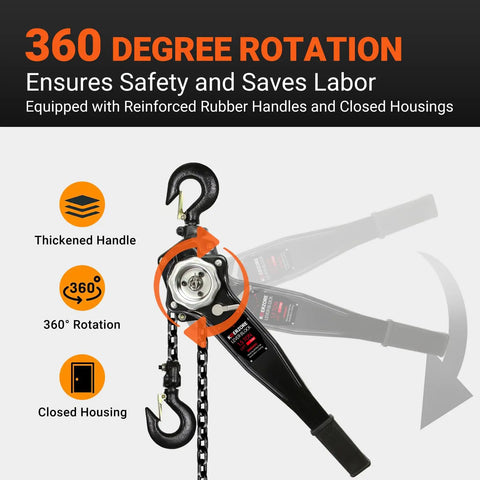 Manual Lever Chain Hoist One And A Half Ton 3300 Pounds Ten Foot Lift G80 Galvanized Carbon Steel with 360-degree rotation