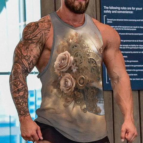 Fly Men's Skull Butterfly Tank Top Loose Fit Summer Sleeveless Tee Vintage Mechanical design on muscular model.