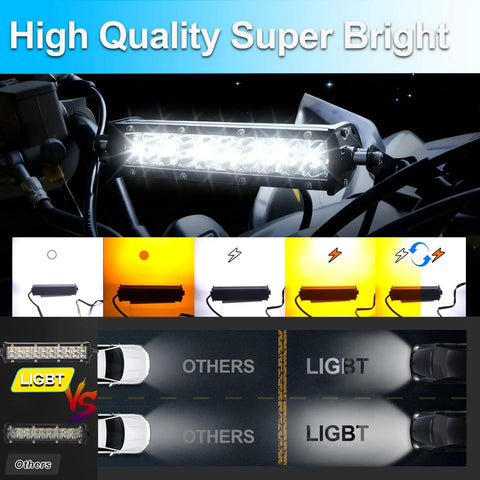 Amber White Dirt Bike Led Light Bar Kit With On Off Switch showing illumination comparison and wiring options.