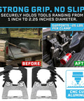Ride Ready Aluminum Molle Panel Mounts With Quick Fist Clamps Lock In Gear For Add Offroad And Dv8 Rack Shovels Axes Trail Tools Cnc Machined Organizer Bracket in truck bed before and after installation.