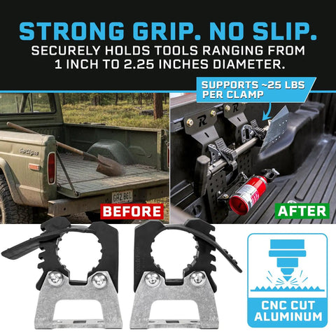 Ride Ready Aluminum Molle Panel Mounts With Quick Fist Clamps Lock In Gear For Add Offroad And Dv8 Rack Shovels Axes Trail Tools Cnc Machined Organizer Bracket in truck bed before and after installation.