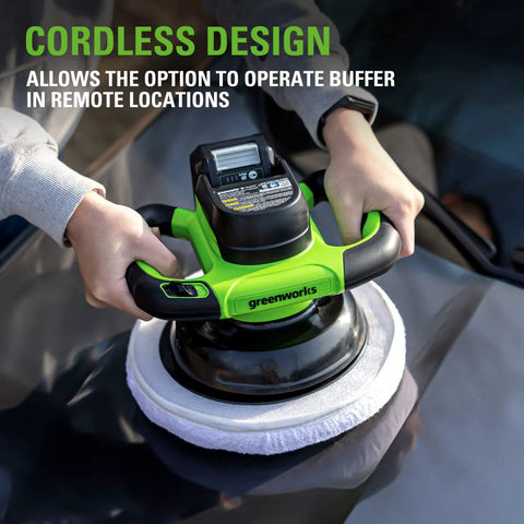 Person using Cordless Orbital Buffer With 10 Inch Pad And 2800 RPM Long Runtime No Cord Convenience Includes 2.0Ah Battery And 2A Charger