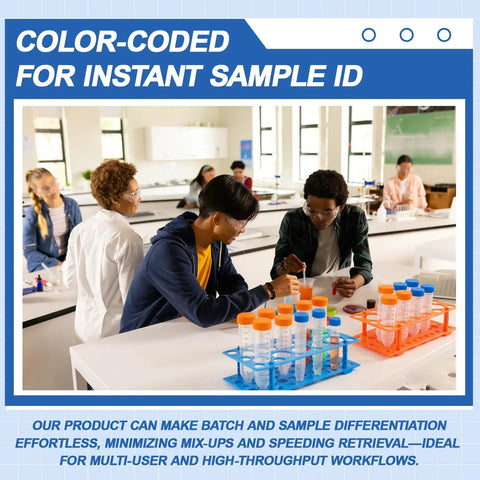 Lab setting with Six Pack 28 Well Test Tube Rack Set For 10 mL 15 mL And 50 mL Tubes Detachable Plastic Stand With Color Coded Rims