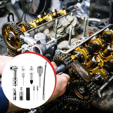 Gear Up 10 Piece Car Grease Needle Nozzle Kit For Grease Gun With 90 Degree Coupler Adapter, close-up of use on engine