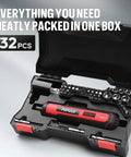 4V Cordless Electric Screwdriver Kit With LED Work Light in open storage case showing 32-piece bit set and 8 sockets