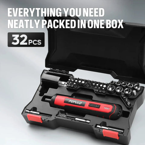 4V Cordless Electric Screwdriver Kit With LED Work Light in open storage case showing 32-piece bit set and 8 sockets