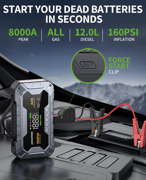 8000A Jump Starter with 160 PSI Air Compressor on car hood with heavy duty jump leads, force start clip highlighted.