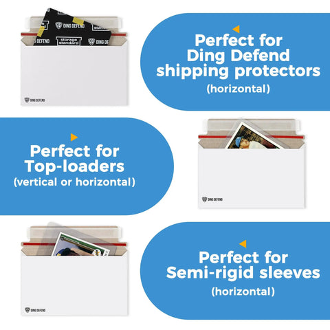 Premium 110 Pack Card Shipping Envelopes 7 By 4.35 Inches Self Adhesive Mailers For Trading Cards That Fit Semi Rigid Sleeves Top Loaders And Ding Defend Protectors Ideal Hobby Mailing Supplies displayed in three different views; horizontal for Ding Defend protectors, vertical or horizontal for top-loaders, horizontal for semi-rigid sleeves.