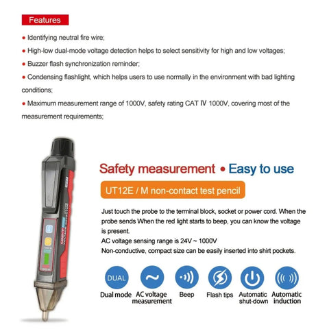 UT12E Non Contact AC Voltage Detector Pencil, black and red pen tester with clip, 24V-1000V, dual mode and beep