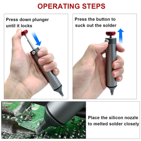 Heavy Duty Desoldering Pump With Strong Suction For PCB Repairs used on circuit board with 50mm silicone nozzle and CNC machined body.