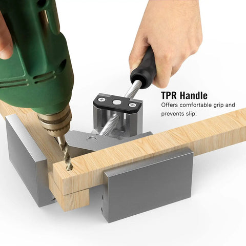 Right Angle Corner Clamp 4 Pack With Single Handle, 90 Degree Aluminum Alloy Pro-Grade Woodworking Clamps, Adjustable Swing Jaw Vise Holder in use with wood