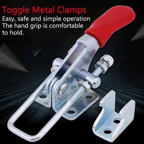 Close-up of red-handled toggle clamp from Heavy Duty Toggle Clamps Set Four Latch Type Metal Clamps With 360 Lbs Holding Capacity