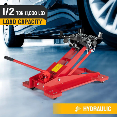 Hydraulic Transmission Floor Jack 1/2 Ton Low Profile Roll Under Lift For Auto Shop And Garage, Heavy Duty 1000 Lb Capacity Hoist, Sturdy Steel Construction, Red Lifting Jack For Easy Vehicle Maintenance