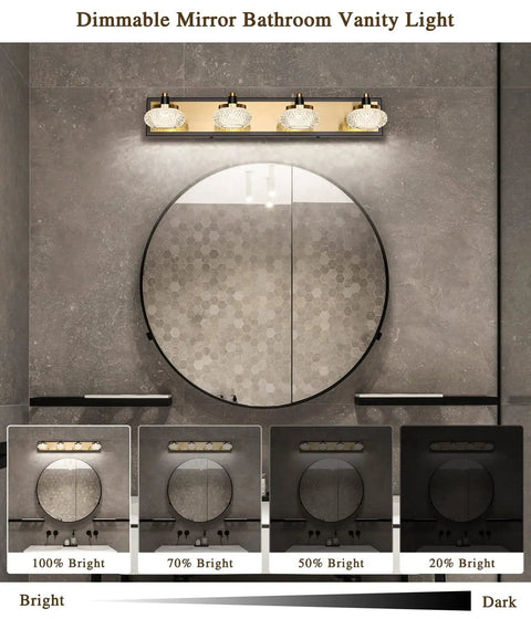 Sleek 4 Light Dimmable Bathroom Vanity Light Fixture Over Mirror, Modern LED Acrylic Wall Lights In Black And Gold, 26 Inch Long, 4000K Neutral White, 20W, 110V AC shown above a round mirror on a gray wall