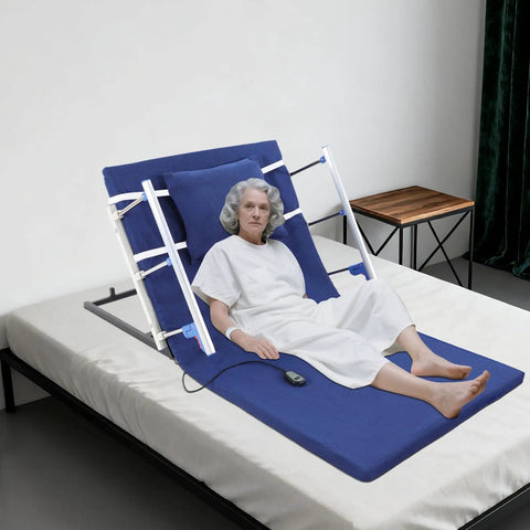Super Smooth Electric Lifting Bed Backrest With Foldable Armrests And Power Adjustable Wedge Mattress For Elderly Patients To Sit Or Sleep Cool Blue Motorized Positioning Help, with elderly woman reclining.
