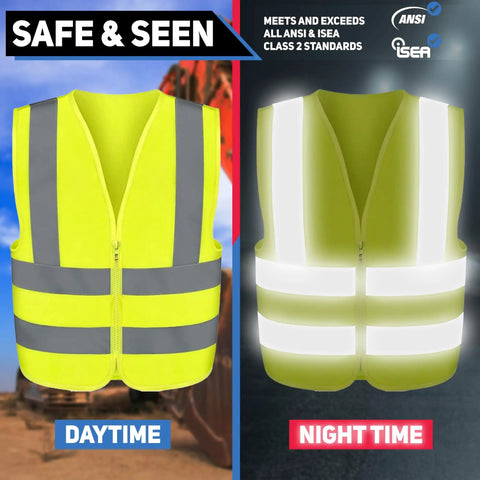 High Visibility Safety Vest ANSI Class 2 No Pocket Neon Yellow Large Lightweight 100 Percent Polyester day and night view