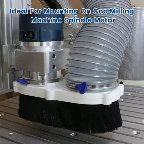 CNC Vacuum Brush Beefy Nylon Dust Shoe for CNC Router attached to spindle motor with flexible vacuum hose.