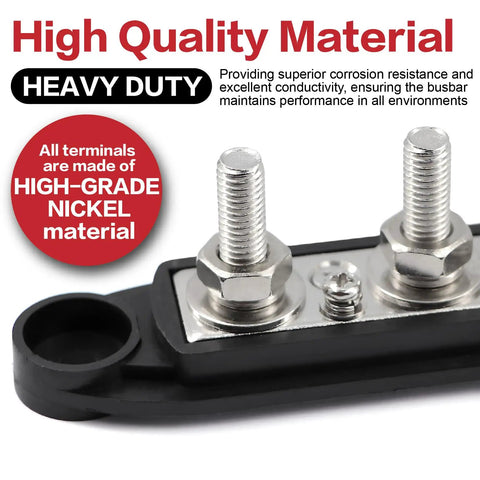 Close-up of the Beast Grade 300A M8 Bus Bar with high-grade nickel terminals for durable power distribution.