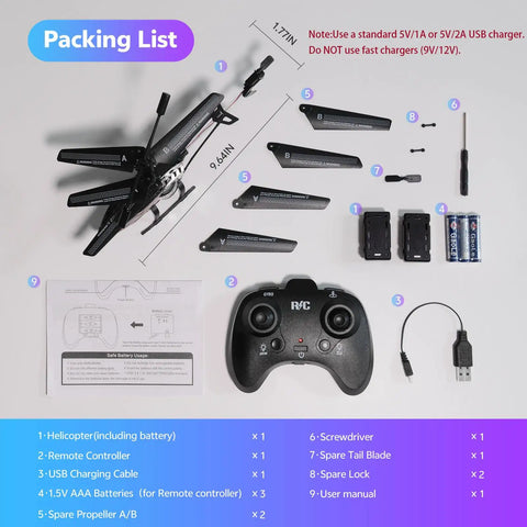 Packing list of Kids RC Helicopter With Altitude Hold And One Button Takeoff Landing shown with components and accessories.