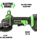 Heavy Duty Four Inch Cordless Angle Grinder With 20V Lithium Ion Battery And 4 Amp Hour Power Pack, electric brake and 10,000 RPM speed.