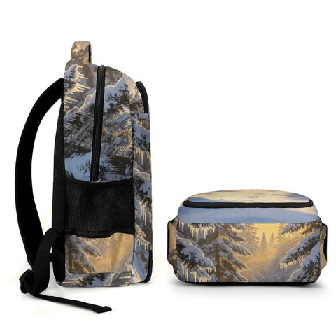 Side and top view of Winter Icicle Deer Woodland Printed Unisex Backpack with large capacity, durable polyester, smooth zipper.