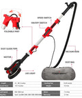 Diagram of Drywall Sander With Vacuum Attachment 800W Power, 900 to 1800 RPM, showing parts and specifications