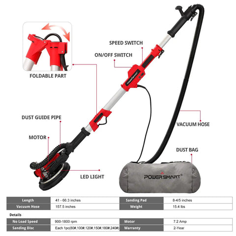 Diagram of Drywall Sander With Vacuum Attachment 800W Power, 900 to 1800 RPM, showing parts and specifications