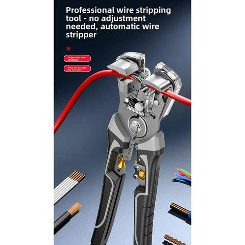 Heavy Duty Auto Wire Stripper And Crimping Tool For 0.2 To 10 Mm2 Wires One Second Stripping With No Core Damage Automatic Opening Multi Function Cutting And Crimping Adjustable Gauge, steel hand tool cutting a red wire