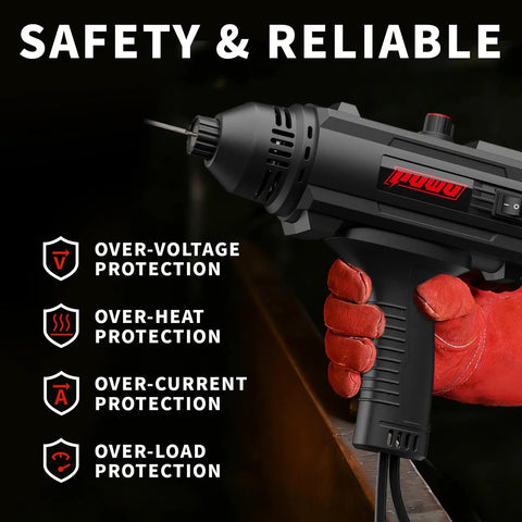 Portable 110V IGBT Inverter Stick Welder With Hot Start And Anti Stick held in red-gloved hand showing safety features